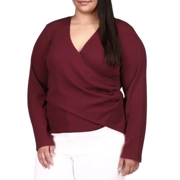 NWT MICHAEL Michael Kors Waffle Faux Wrap Long Sleeve Top in Dark Ruby - Picture 3 of 4